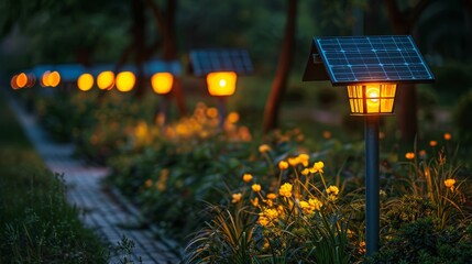 Solar-powered lights in a park showcase renewable resources for sustainable urban development. - obrazy, fototapety, plakaty