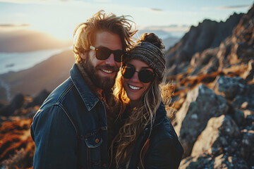 A couple hikes and takes selfies in the mountains. Traveler couple in the mountains