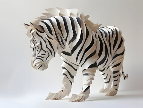 Artistic Excellence in Paper Sculpture: Intricately Crafted Zebra in Mid-Stride, Concept of Wildlife Conservation, Creativity, and Paper Crafting, Monochrome Palette