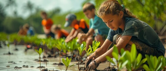 Youth planting mangroves to fight coastal erosion and safeguard marine habitats highlights young people's conservation role.