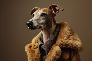 Portrait of greyhound dog in coat