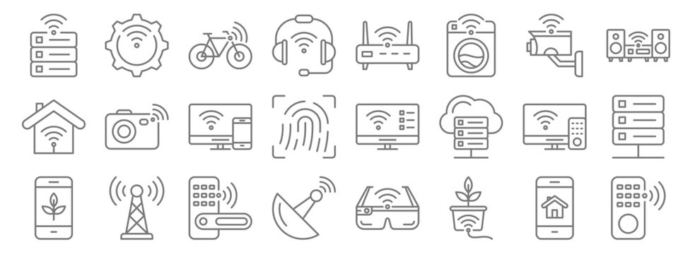 internet of things line icons. linear set. quality vector line set such as remote control, smart farm, antenna, smartphone, smart tv, smart tv, hifi, router, settings