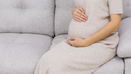 Portrait of young pregnant woman sitting on sofa background holding hands on her belly at home with copy space. Pregnancy, motherhood, concept.Beautiful pregnancy.