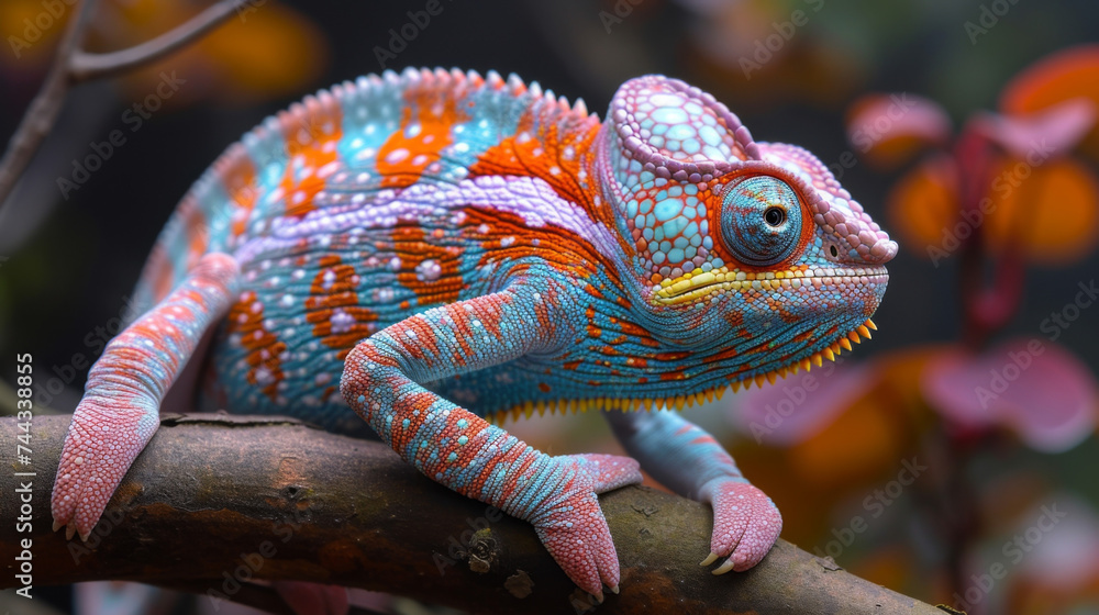 Poster closeup of a chameleons unique scales blending in with its surroundings as it slowly crawls along a 