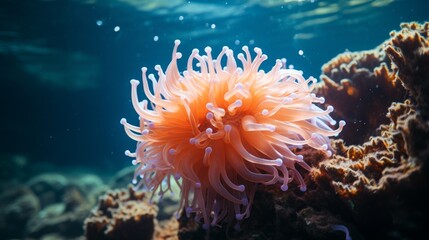 Fototapeta na wymiar An orange sea ​​anemone floating in the ocean water 