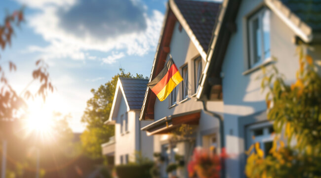 German flag waving proudly on house corner symbolizing patriotism