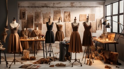 Fashion designer haute couture dressing place with various pencil sketches on paper and display of brown dress on mannequin