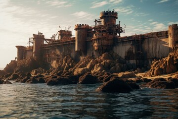 Naklejka premium Rusty fortress sea. Defense fortress. Generate Ai
