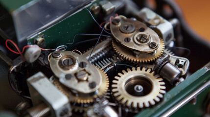 A closeup of the staplers motor with small gears and wires visible.