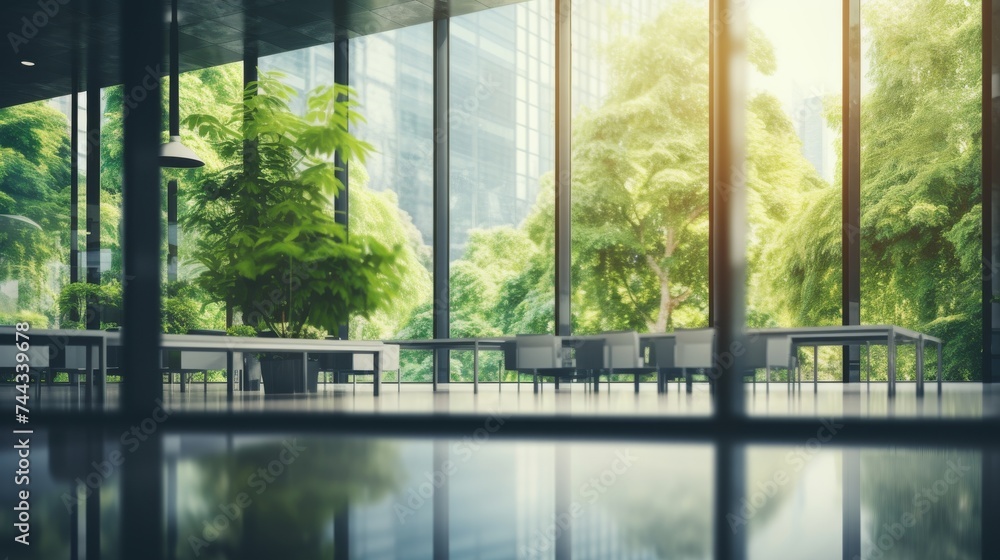 Poster blurred empty modern open space office with large windows and green trees