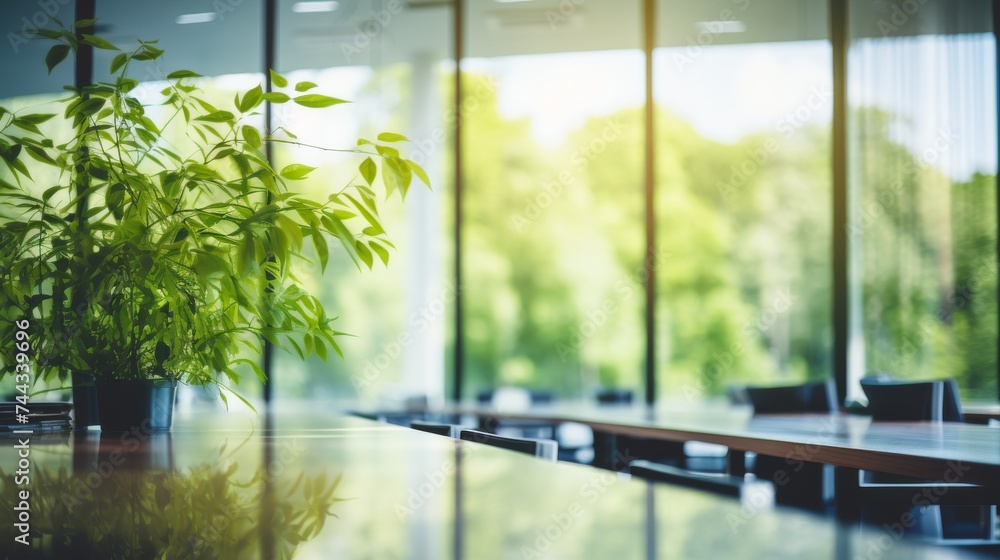 Poster blurred empty modern open space office with large windows and green trees