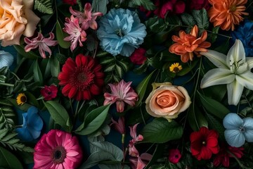 Creative layout made of flowers and leaves. Flat lay. Nature concept. Floral Greeting card. Colorful spring flower background, space for text. Nature Trendy Decorative Design. generative ai.