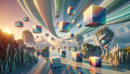 Surreal landscape with floating islands and colorful calibration cubes.