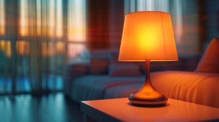 Blurred interior banner with Glowing table lamp on coffee table