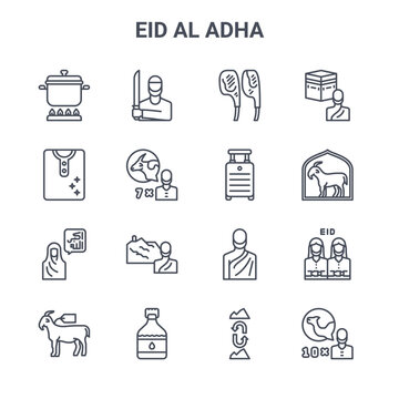 set of 16 eid al adha concept vector line icons. 64x64 thin stroke icons such as butcher, clothes, goat, man, zam zam, camel, mountain, suitcase, hajj