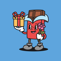 Gift and Rose. Chocolate Retro Cartoon Character Illustration