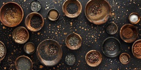 Wooden bowls and other cooking related ingredients on black background