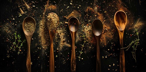 Vegetarian food concept with wooden spoon and dark background - obrazy, fototapety, plakaty