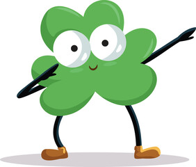 Clover Leaf Cartoon Character Dabbing and Dancing Vector Illustration. Lucky trefoil dancing and celebrating during springtime festival
