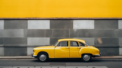 bright yellow retro car parked on asphalt road near red wall in city