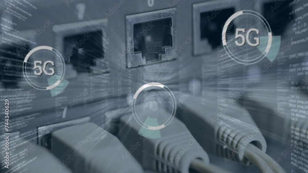 Poster animation of 5g text and data processing over computer server