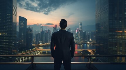 Fototapeta na wymiar businessman standing in front of modern high-rise city