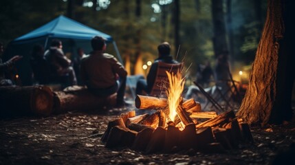 Campfire in forest with people sitting on chairs in the background blurred background