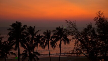 Fototapeta premium Tropical beach landscape at sunset with silhouette palm trees and tranquil ocean. Vacation and travel background.