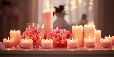 Valentine's Day Background with Artistic Arrangement of Red Heart-shaped Candles on a Wooden Table, Creating a Cozy and Romantic Atmosphere