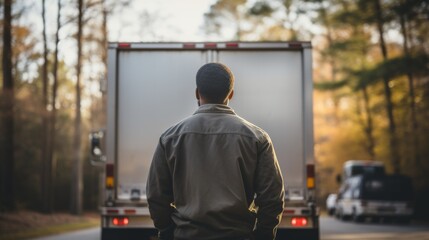  Casual shot of afro american male truck driver with his truck