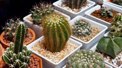 Assorted cacti on display in small pots, showcasing various types of succulent plants for home...