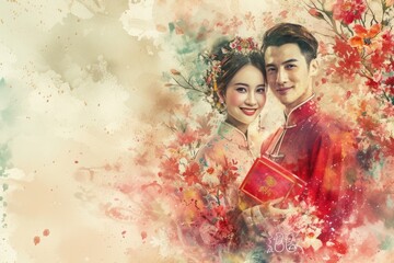 Portrait of happy Asian couple with red envelopes and flowers background