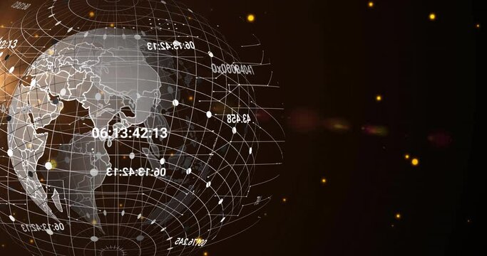 Animation of data processing and globe on black background