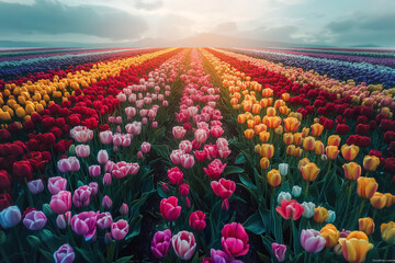 Picturesque tulip flower fields in Holland, Netherlands, scenic aerial view on a beautiful day - obrazy, fototapety, plakaty