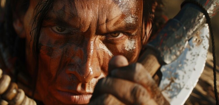 With a fierce expression on his face the Apache warriors hand rests on the handle of his tomahawk ready to strike at a moments notice.