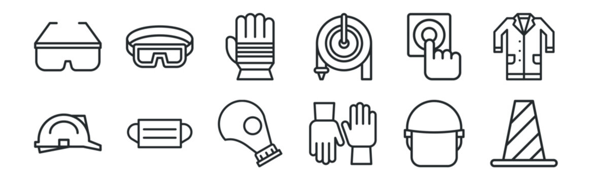 Set Of 12 Thin Outline Icons Such As Cone, Gloves, Medical Mask, Fire Button, Glove, Safety Goggles For Web, Mobile