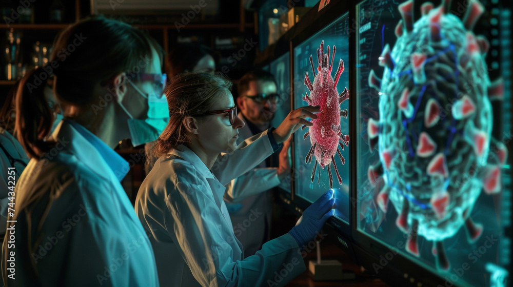 Poster a group of scientists observes a highresolution image of a virus discussing the potential applicatio