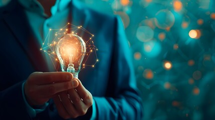 Businessman holding a light bulb in his hand. symbolizing a new business idea for company growth. holographic glowing particles. Generative AI.