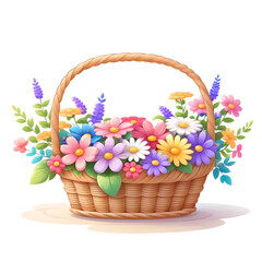 Fototapeta na wymiar Colorful assortment of flowers in a wicker basket. Drawing, illustration.