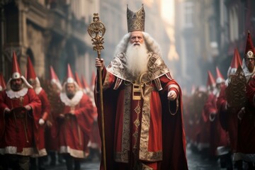 Saint nicholas procession. Elderly and intelligent persons with white and long beard. Generate AI - obrazy, fototapety, plakaty
