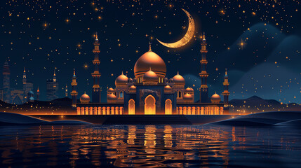 3d golden mosque with crescent moon and stars. Vector illustration of Islamic architecture.  - obrazy, fototapety, plakaty