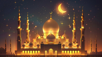 3d golden mosque with crescent moon and stars. Vector illustration of Islamic architecture.