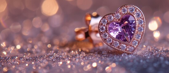 Elegant Purple Heart Shaped Ring Encrusted with Diamonds on a Sparkling Glitter Background - obrazy, fototapety, plakaty