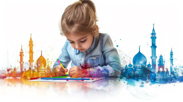 A kid drawing a mosque with crayons
