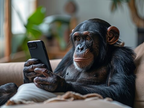 A chimpanzee contemplating a smartphone a commentary on evolution and technology