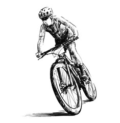 Drawing of Mountain biker cyclist riding a bicycle downhill on a mountain bike trail.