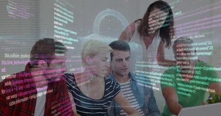 Animation of padlock and data processing over diverse business people in office - Powered by Adobe