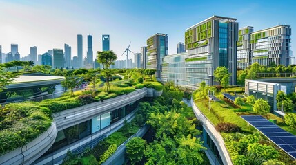 Fototapeta premium Eco-futuristic cityscape full with greenery, parks and green spaces in urban area