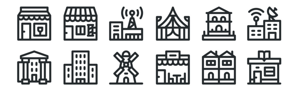 set of 12 thin outline icons such as library, restaurant, condo, house, telecommunications, barber shop for web, mobile