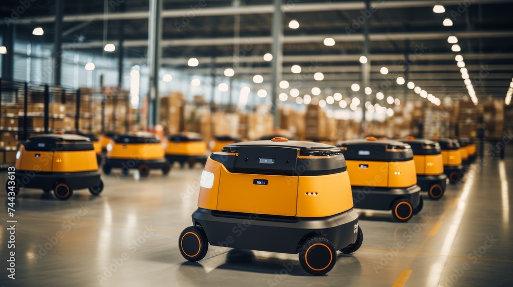 Poster delivery robots with sensors parked in modern spacious warehouse